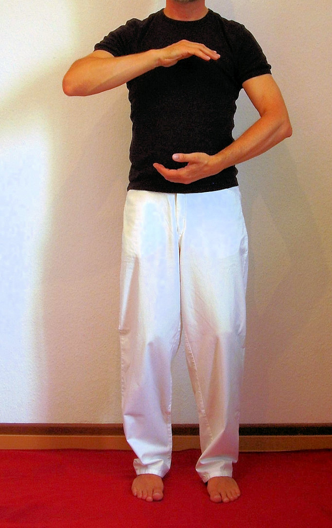 The body of a man with the arms held in a qi gong position.